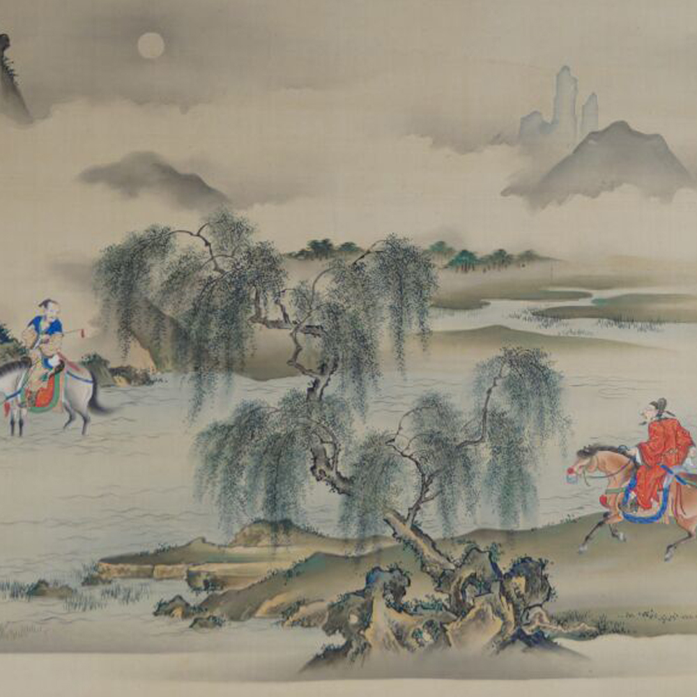 Another view of the two riders with moon and distant mountains in the kakemono Encounter at the River, without mounting