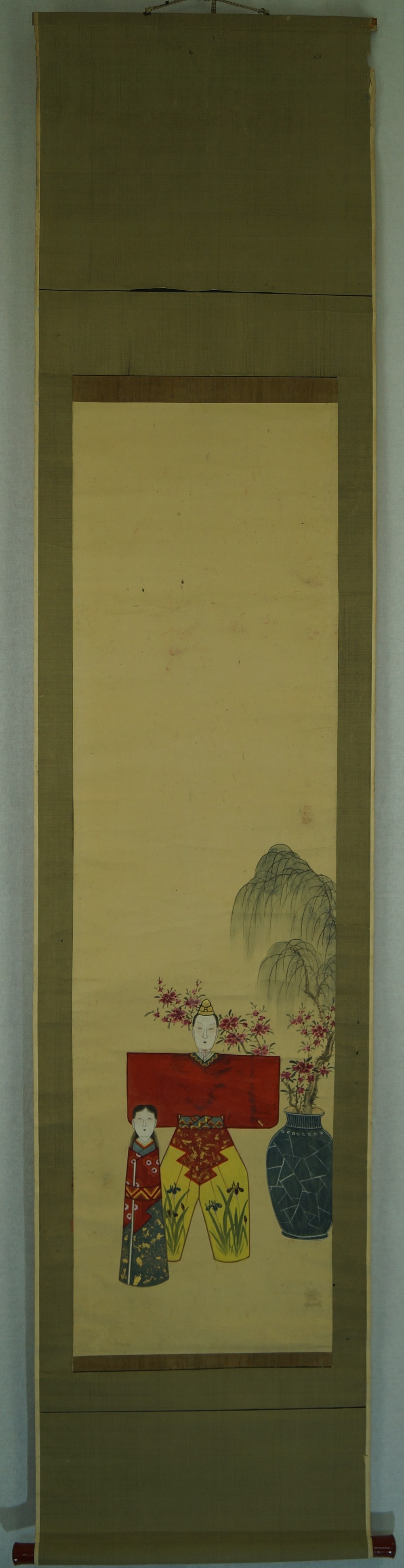 Hina Dolls with Plum Blossoms and Vase Full View Hanging Scroll