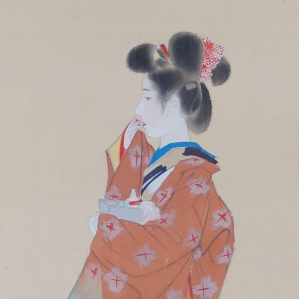 Close-Up of the Face and Hairstyle with Comb and Makeup Utensils in the Hanging Scroll Beauty in Kimono