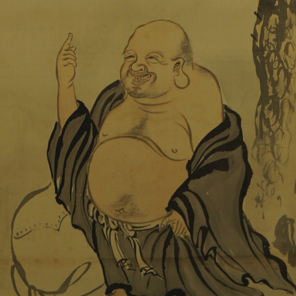 Hotei pod sosną kakemono podgląd zbliżenia motywu