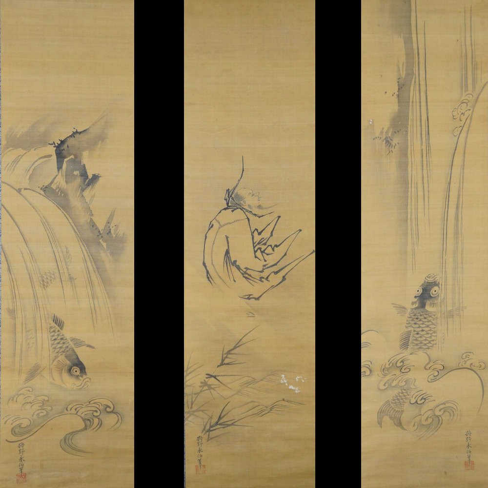 The three hanging scrolls Water, Retreat and Ascent by Kano Eihaku hanging side by side in the 3-piece Kakemono set
