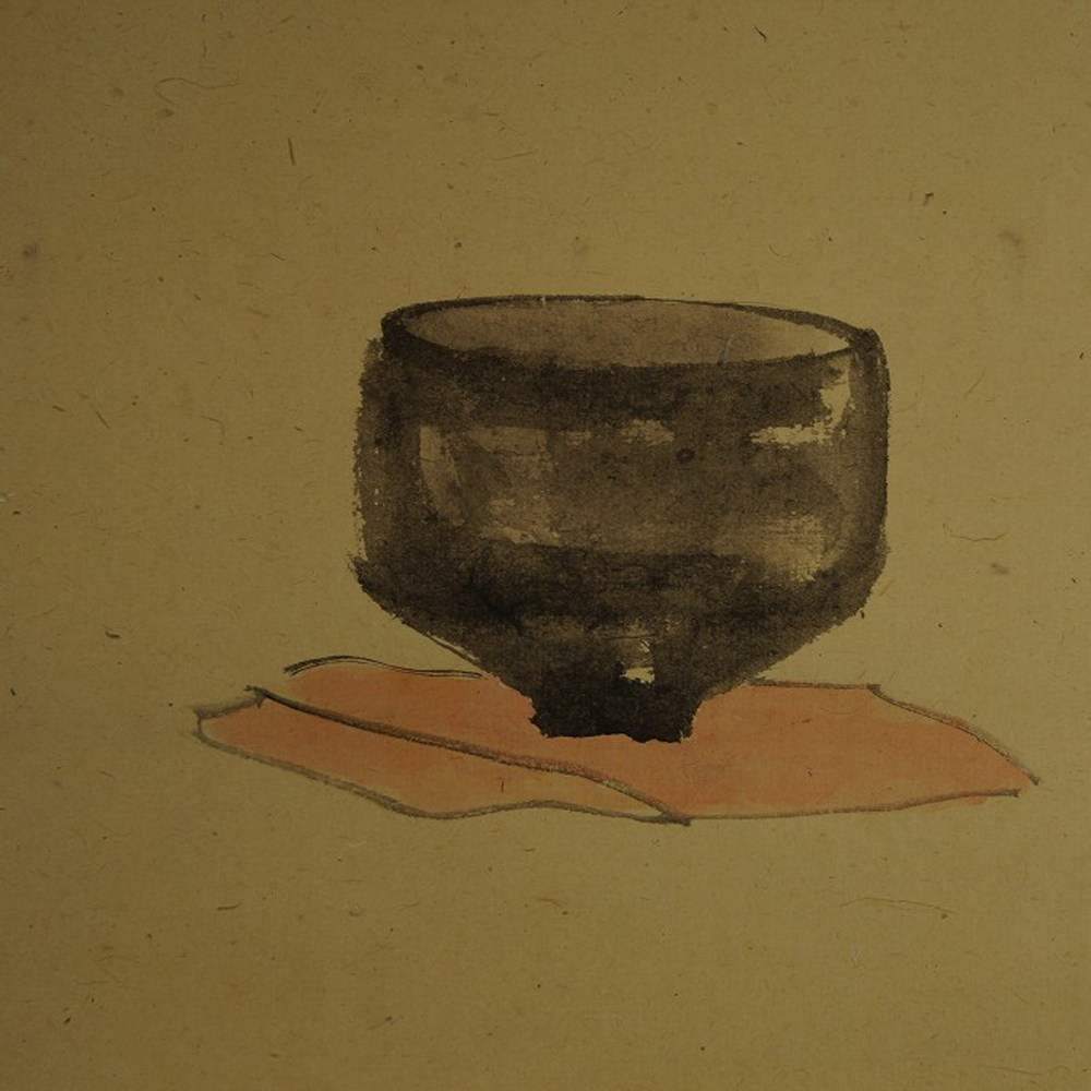 Esquisse à l'encre d'un bol à thé sur tissu rouge motif aperçu du gros plan