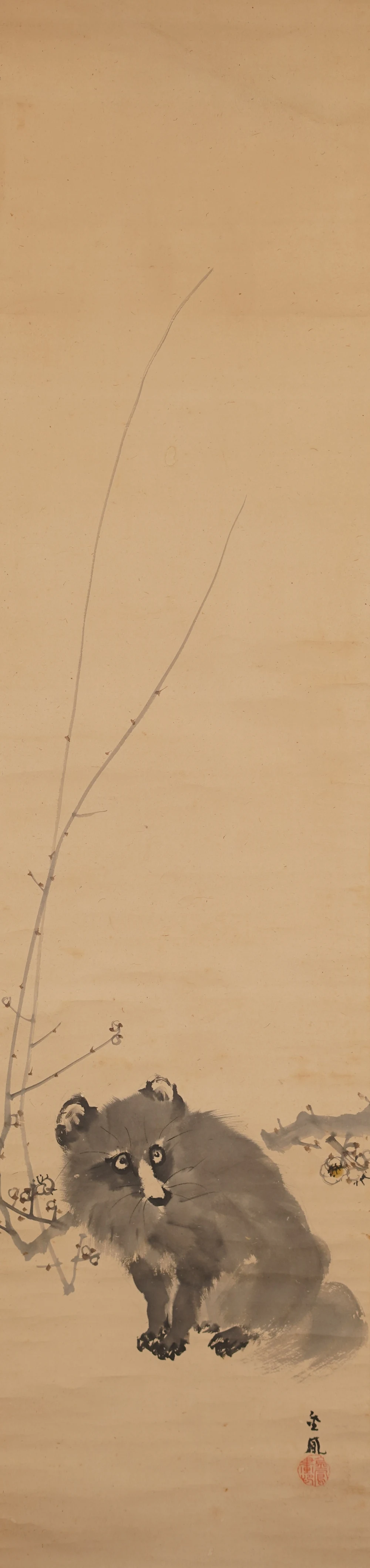Complete image of the spring picture with tanuki beneath a blossoming plum branch, without mounting