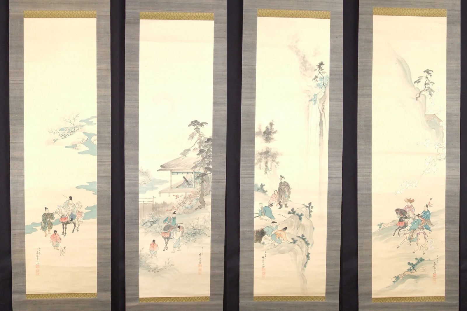 Set di quattro kakemono delle quattro stagioni: quattro rotoli verticali con scene di leggenda affiancati