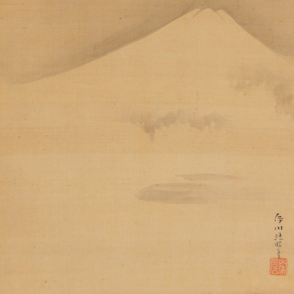 Cranes before snow-covered Mount Fuji in the mist, Kakemono in the tradition of the Kano school