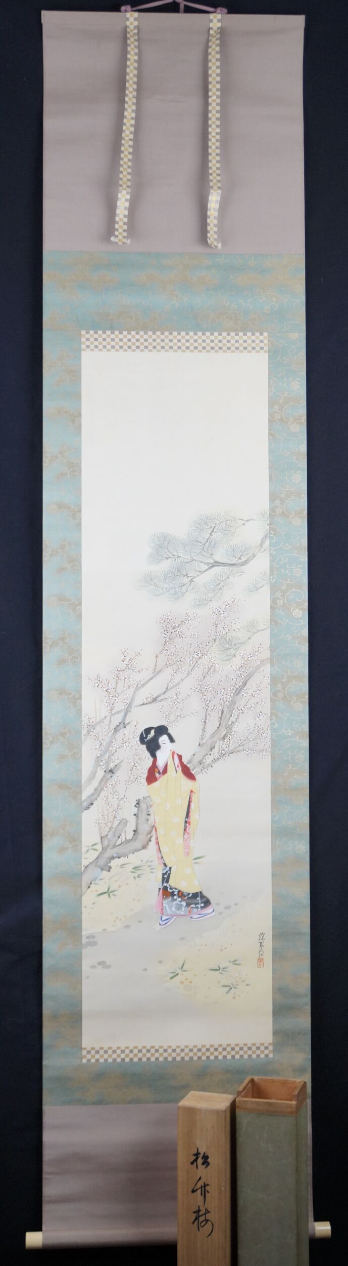 Kakemono Lady in Kimono Under Blossoming Plum Tree by Ito Shinsui in Full Mounted View with Storage Box