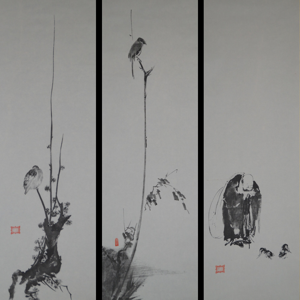 The three triptych prints after Miyamoto Musashi side by side with sparrow on plum branch, shrike on reed stalk, and Hotei with fighting roosters