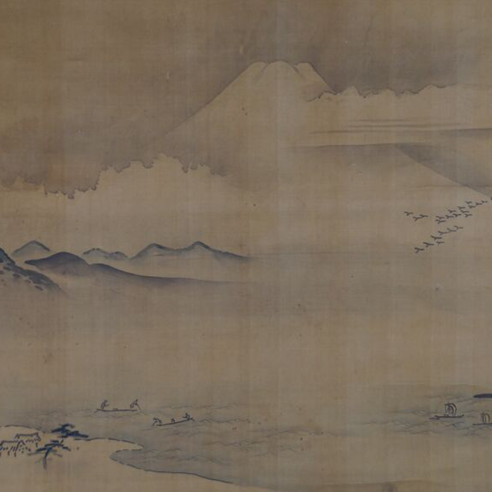 Further view of Fuji, the geese and the fishing boats in the hanging scroll Fuji in Morning Mist, without mounting