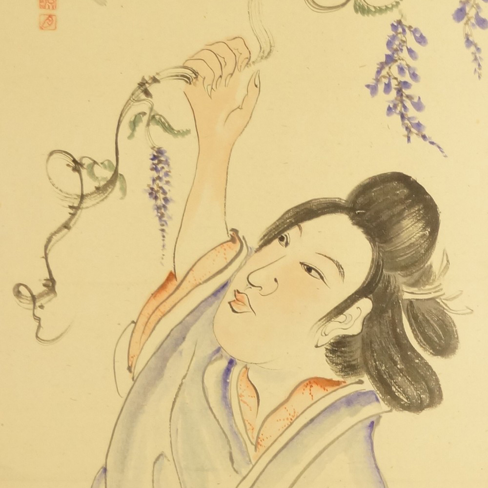 Lady beneath wisteria blossoms motif close-up preview