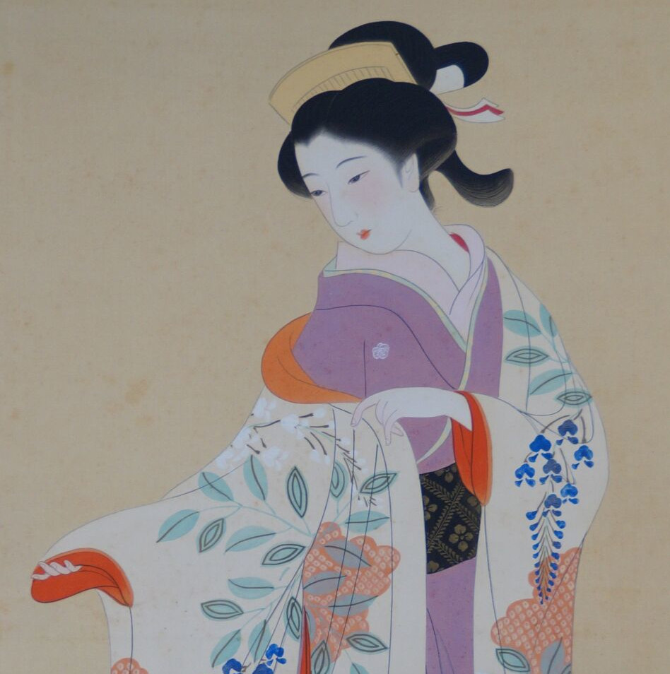 Further view of the full motif with young woman and kimono cabinet in the Kakemono Young Woman in Front of Her Kimono Cabinet, without mounting