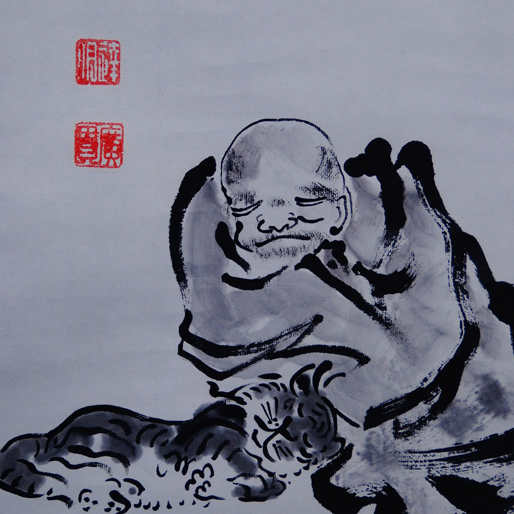 Zen master painted in ink with tigers, hanging scroll by Akamatsu Tatsuaki
