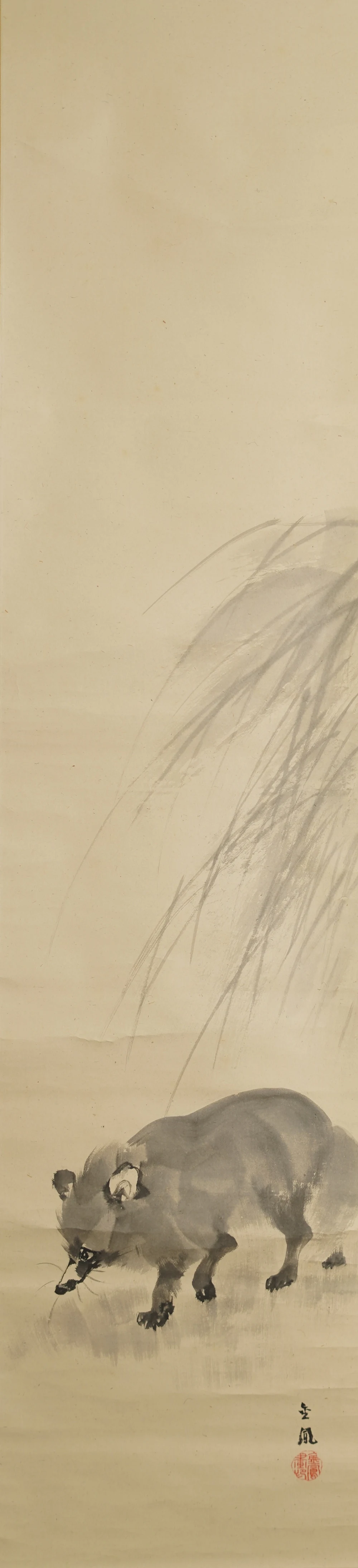 Complete image of the summer picture with tanuki in the grass beneath willow branches, without mounting