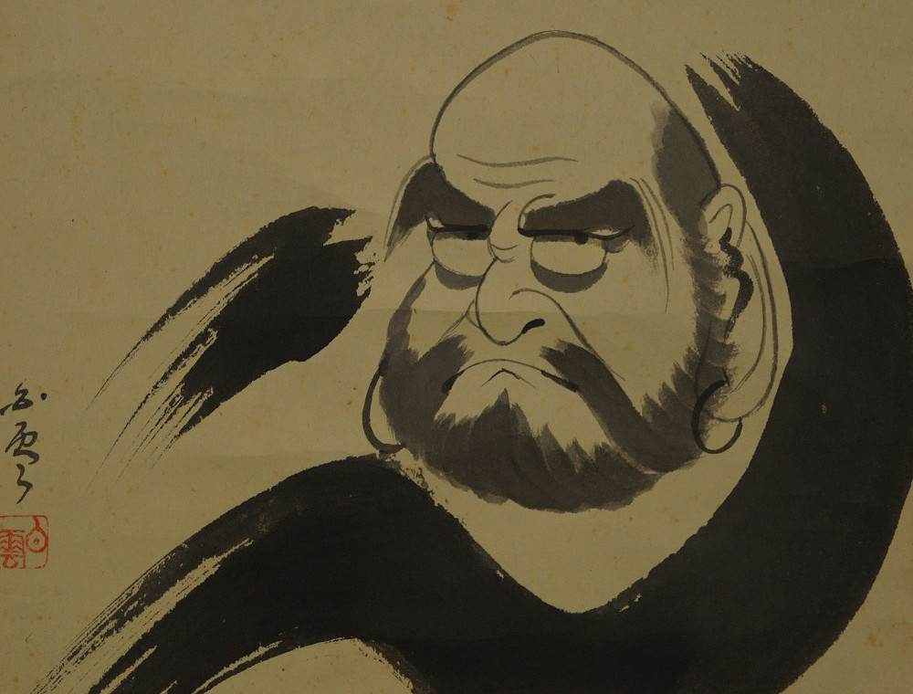 Sumi-e ink painting of Bodhidharma with a piercing gaze and beard