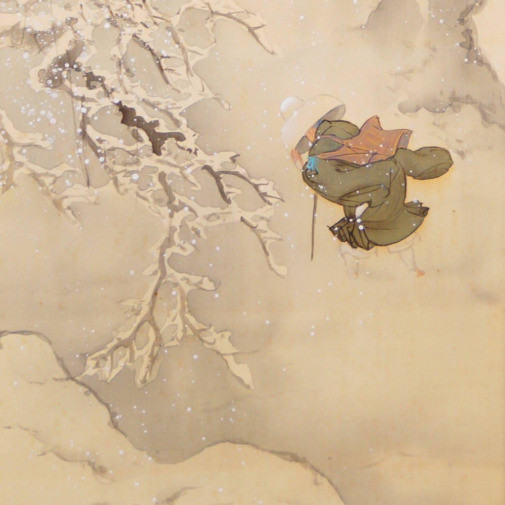 Zen monk with walking staff in falling snow next to a snow-covered branch in the kakemono by Muraoka Moega
