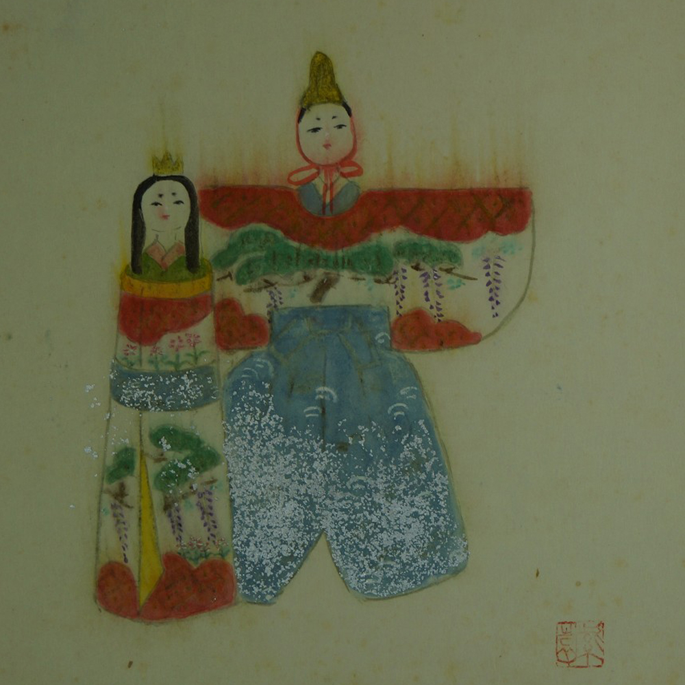 Hina Puppen im Kiefernwald Kakemono Motiv Nahaufnahme Vorschau