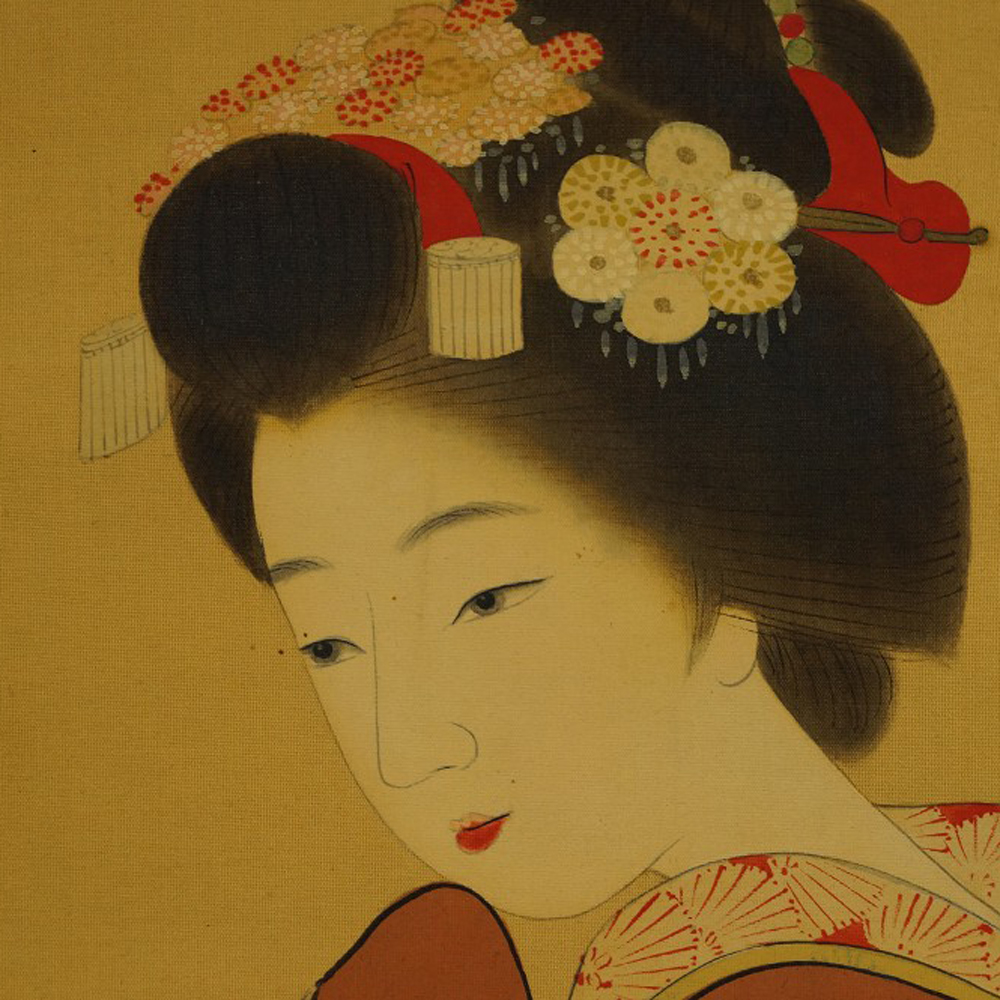 Japanisches Rollbild Schoenheit im Kimono Motiv Nahaufnahme Vorschau
