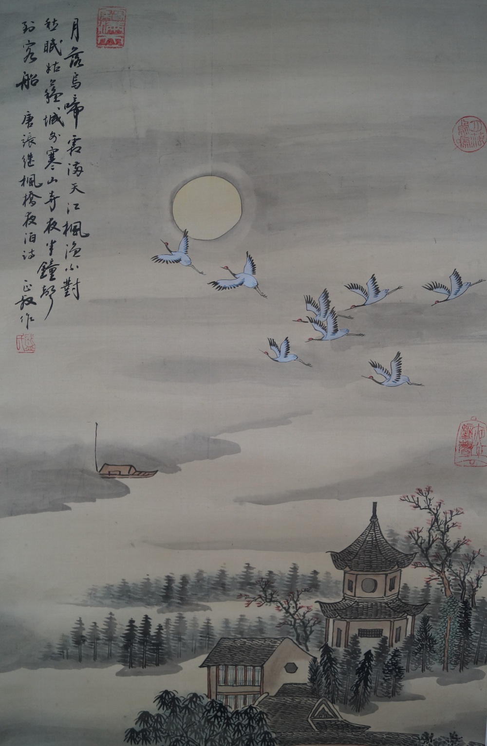 Landscape in Moonlight Kakejiku Cranes Motif Close-Up
