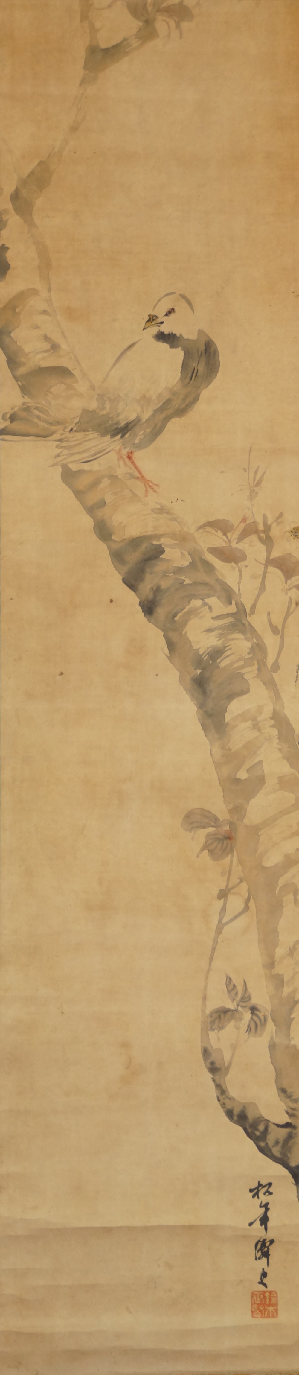 Vue d'ensemble du kakemono suspendu avec colombe sur branche fleurie