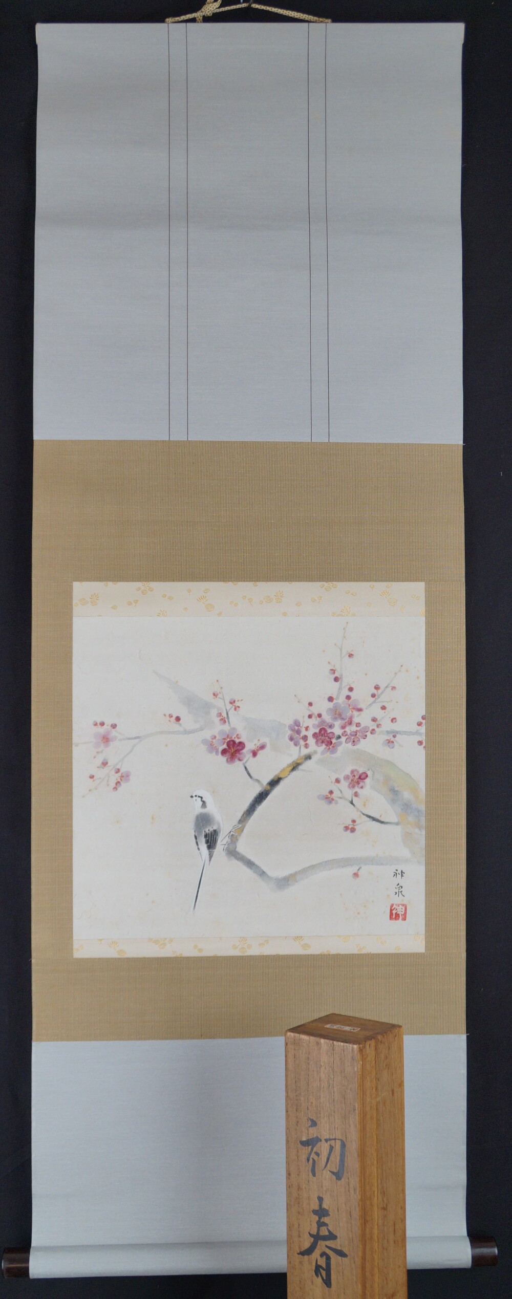 Fiori di susino nella tenue luce primaverile come rotolo verticale di Tokuoka Shinsen in vista d'insieme con montaggio in seta grigio chiaro e scatola di conservazione con la scritta Hatsuharu