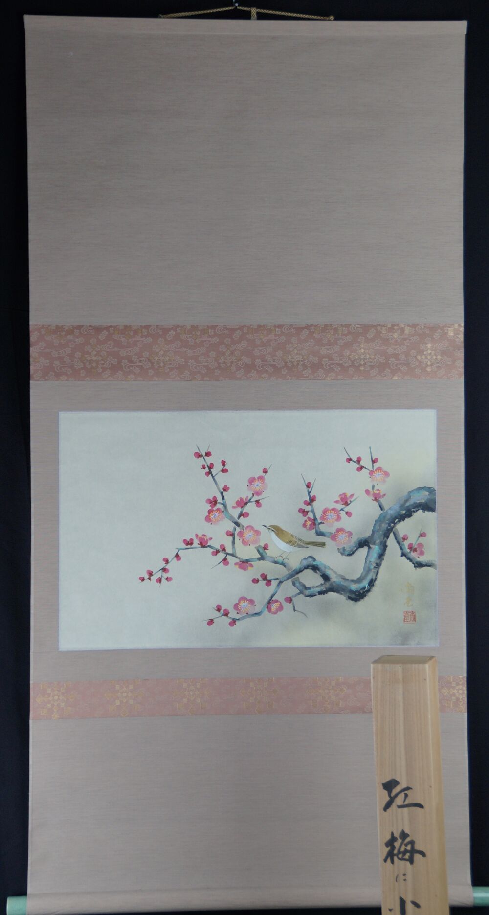 Kakemono uccello canoro su susino in fiore di Ogawa Shodo in vista completa con montaggio e cofanetto di conservazione