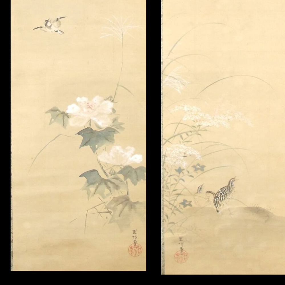 Motivo completo di entrambi i kakemono del set uccelli e fiori autunnali affiancati, senza montaggio