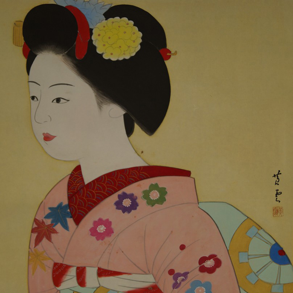 Beauty with chrysanthemum ornament in her hair motif close-up preview