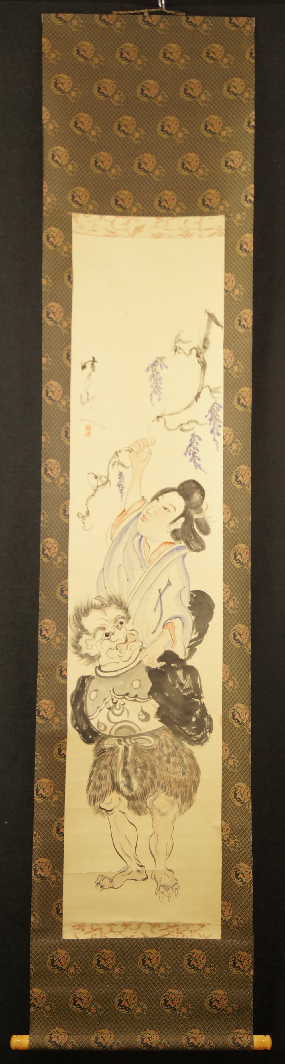 Lady Under Wisteria Blossoms Full View Hanging Scroll