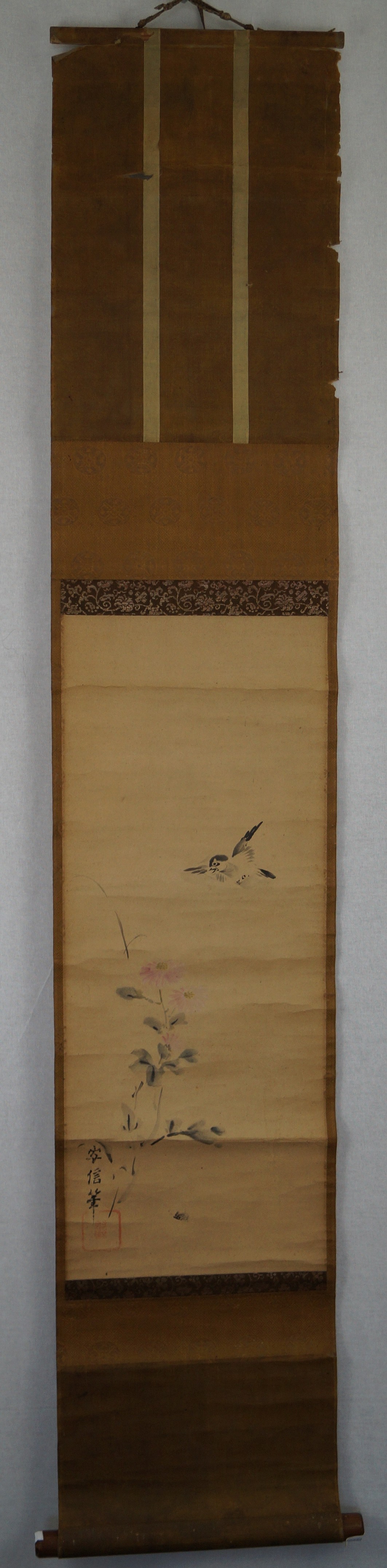 Ave y flor kakemono vista general del rollo colgante