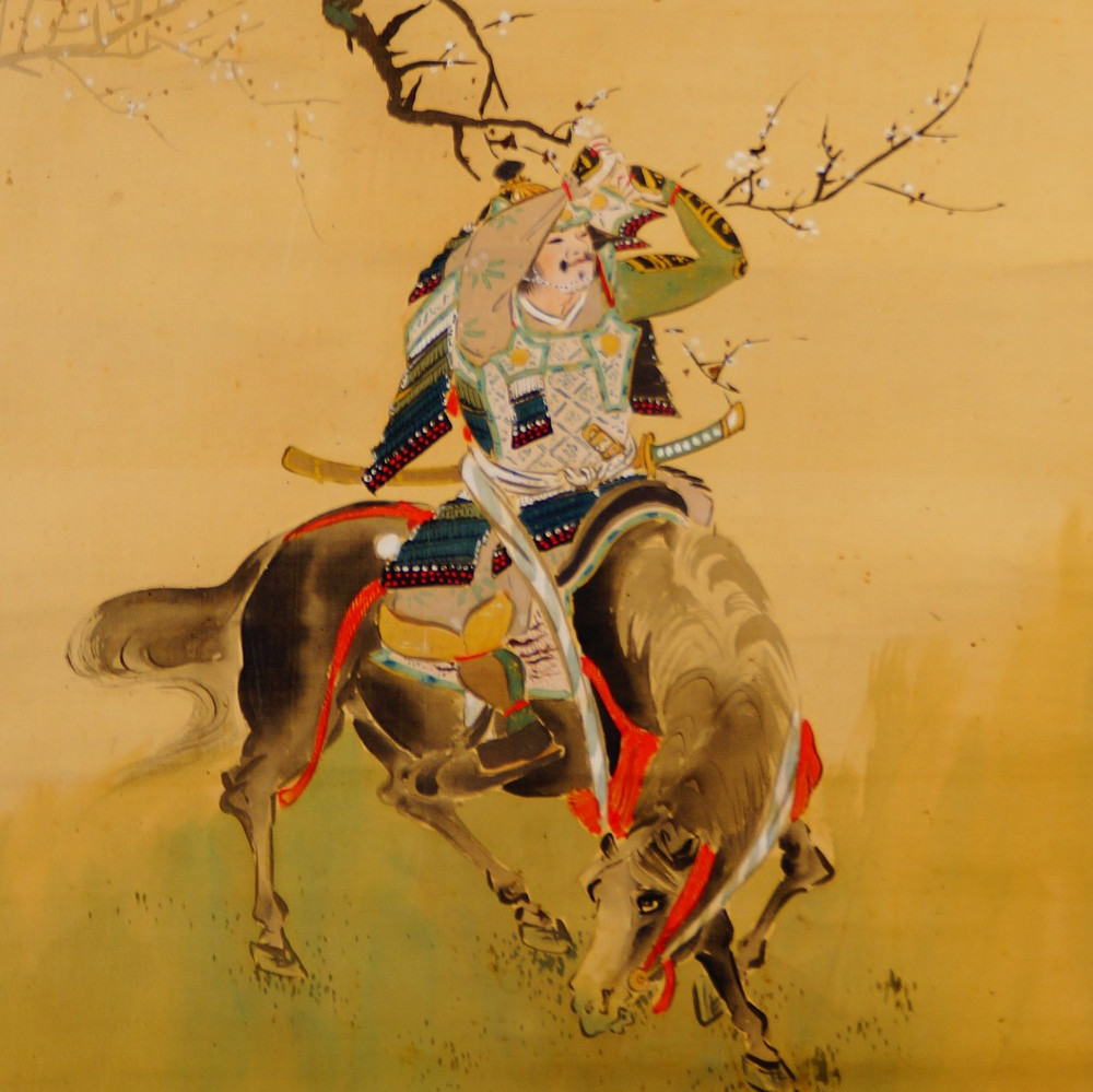 Samurai-Krieger auf sich aufbaeumendem Pferd unter bluehendem Pflaumenzweig von Otsuka Shunrei