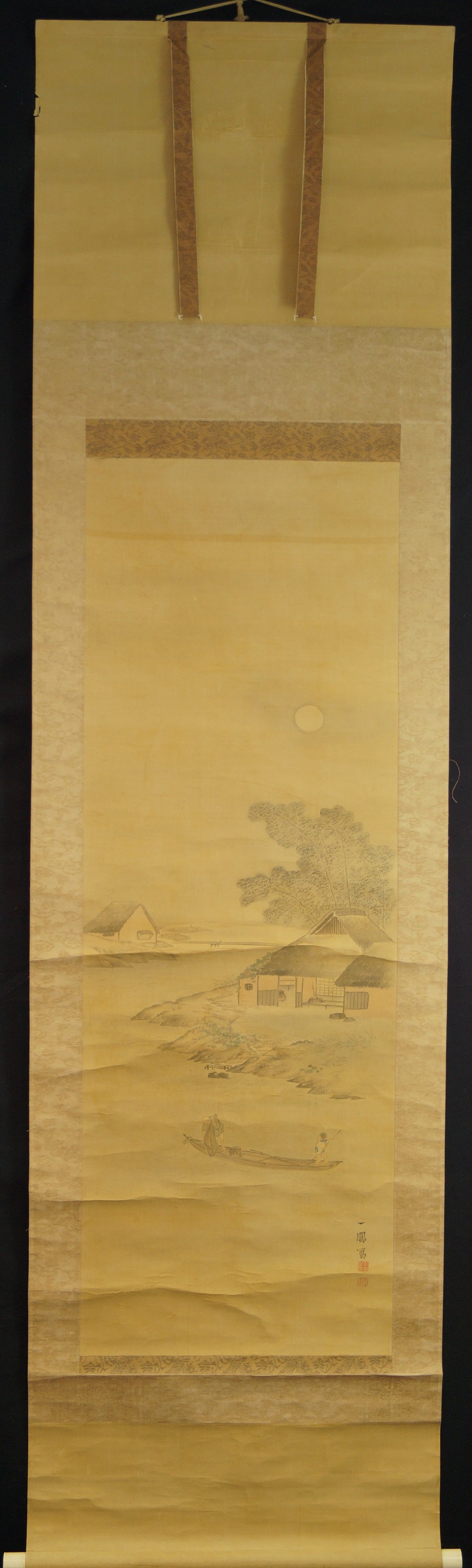 Kakemono cabañas de pescadores a la luz de la luna vista general del rollo colgante